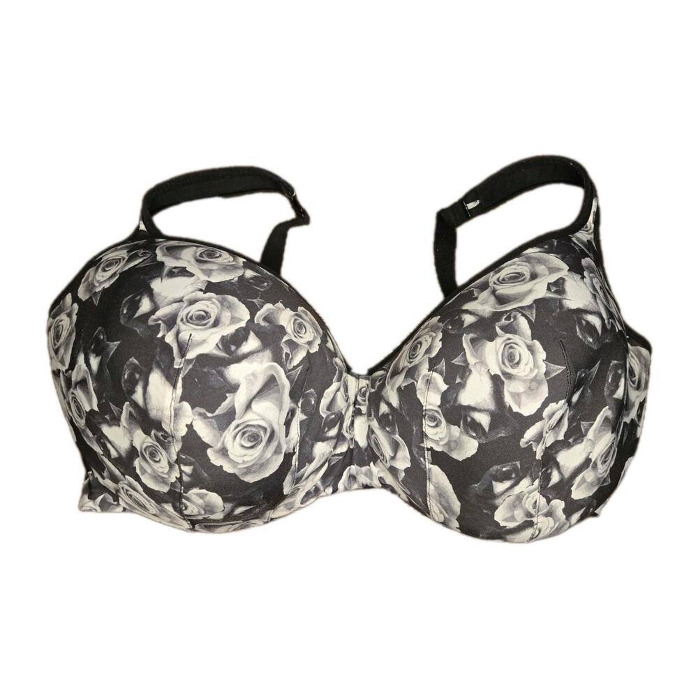Cacique Black White Roses Full Coverage Underwire Lightly Lined Balconette 44F
